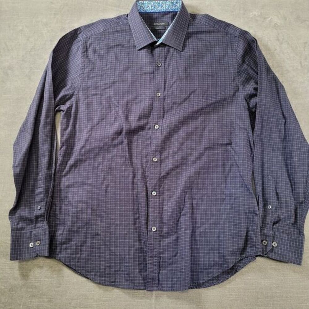 Bugatchi Uomo Mens XL Blue White Checked Shaped Fit Long Sleeve Button Up‎ Shirt